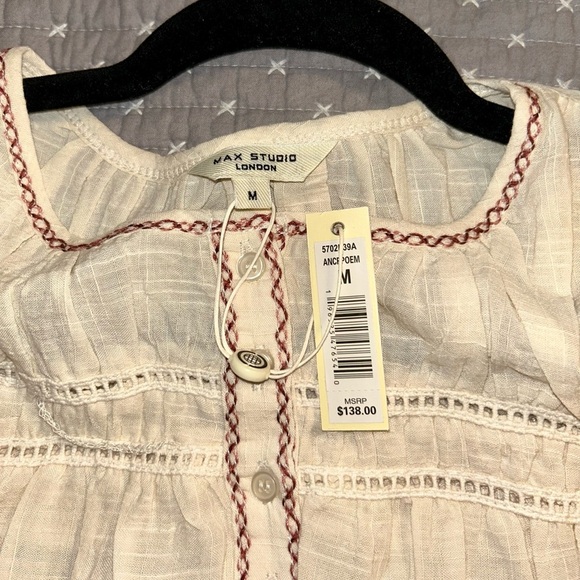 Max Studio Cream and Pink Embroidered Floral Blouse - Picture 5 of 7